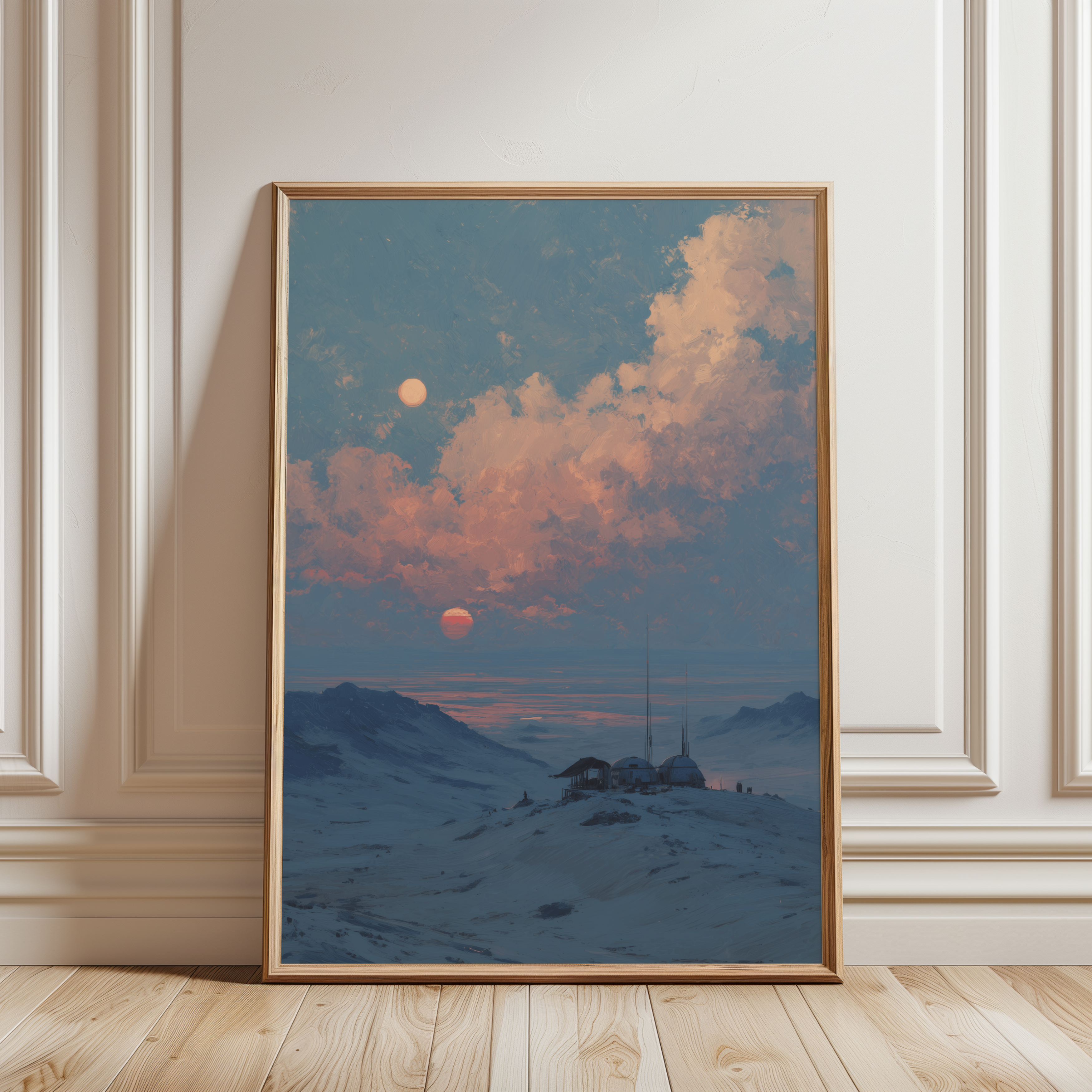 Twin suns desert landscape inspired by a legendary sci fi universe digital oil painting wall art